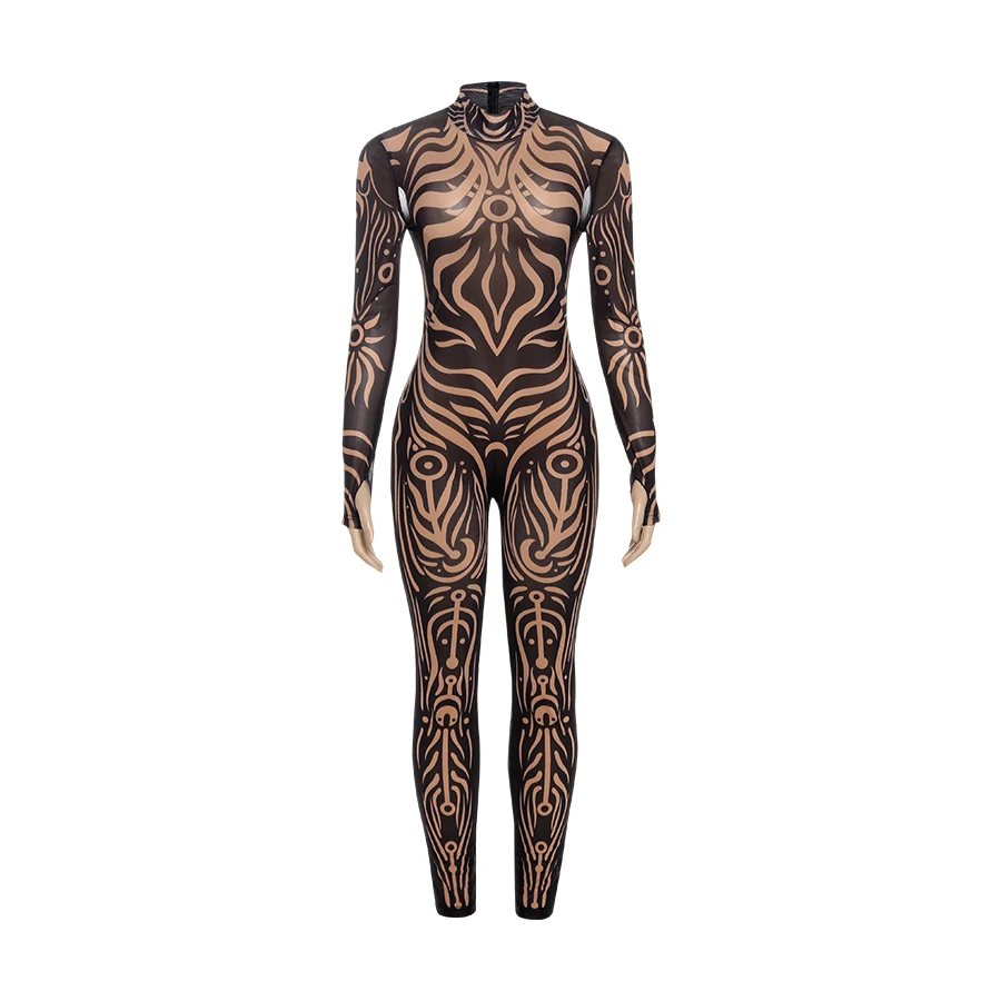Weird Puss Sexy Striped Print Jumpsuits Women Wild Style Turtleneck Full Sleeve Midnight Party Club Stretch Streetwear Overalls