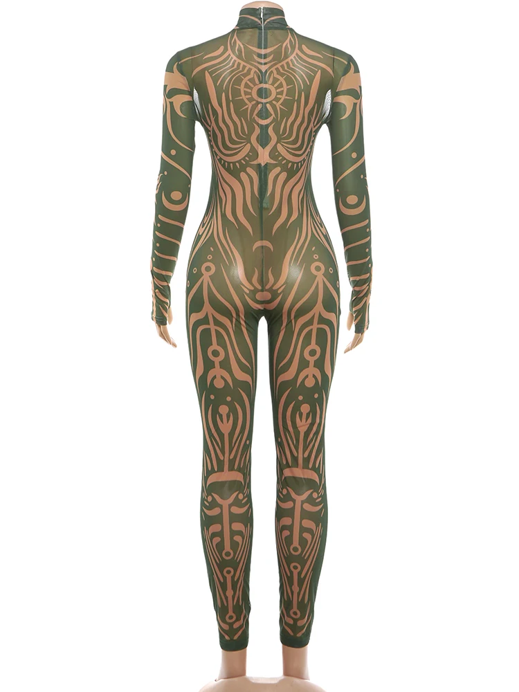 Weird Puss Sexy Striped Print Jumpsuits Women Wild Style Turtleneck Full Sleeve Midnight Party Club Stretch Streetwear Overalls