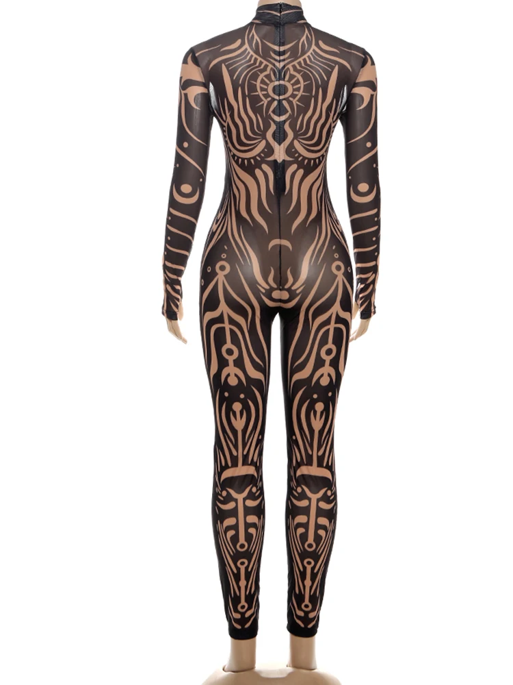 Weird Puss Sexy Striped Print Jumpsuits Women Wild Style Turtleneck Full Sleeve Midnight Party Club Stretch Streetwear Overalls
