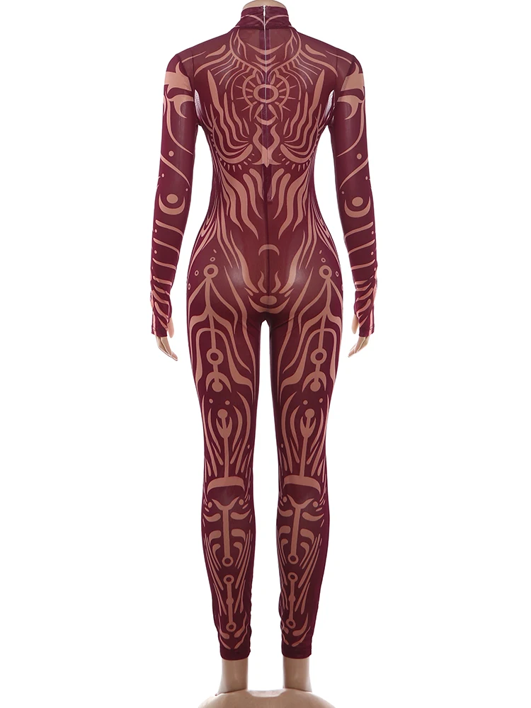 Weird Puss Sexy Striped Print Jumpsuits Women Wild Style Turtleneck Full Sleeve Midnight Party Club Stretch Streetwear Overalls