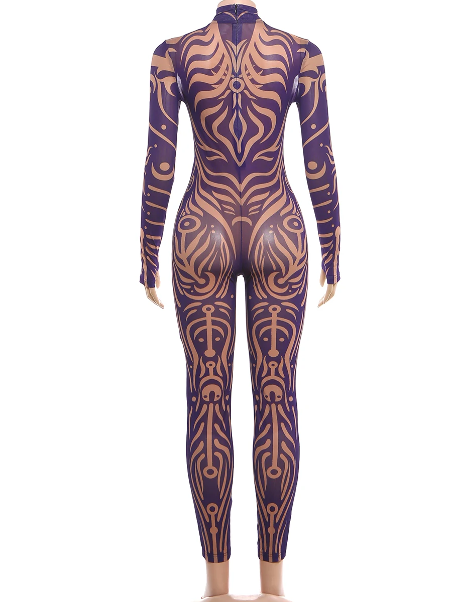 Weird Puss Sexy Striped Print Jumpsuits Women Wild Style Turtleneck Full Sleeve Midnight Party Club Stretch Streetwear Overalls