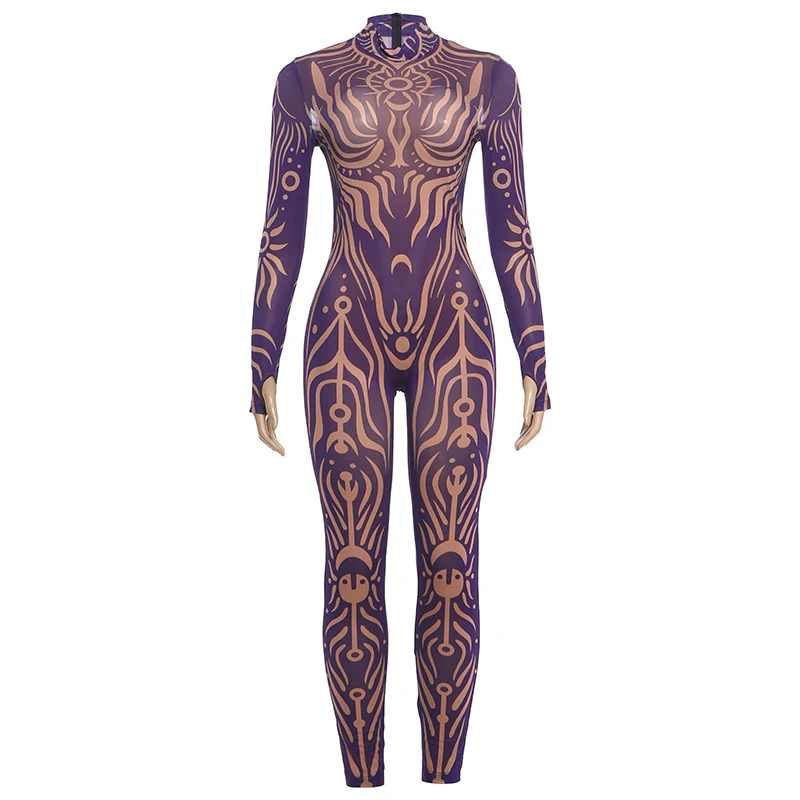 Weird Puss Sexy Striped Print Jumpsuits Women Wild Style Turtleneck Full Sleeve Midnight Party Club Stretch Streetwear Overalls