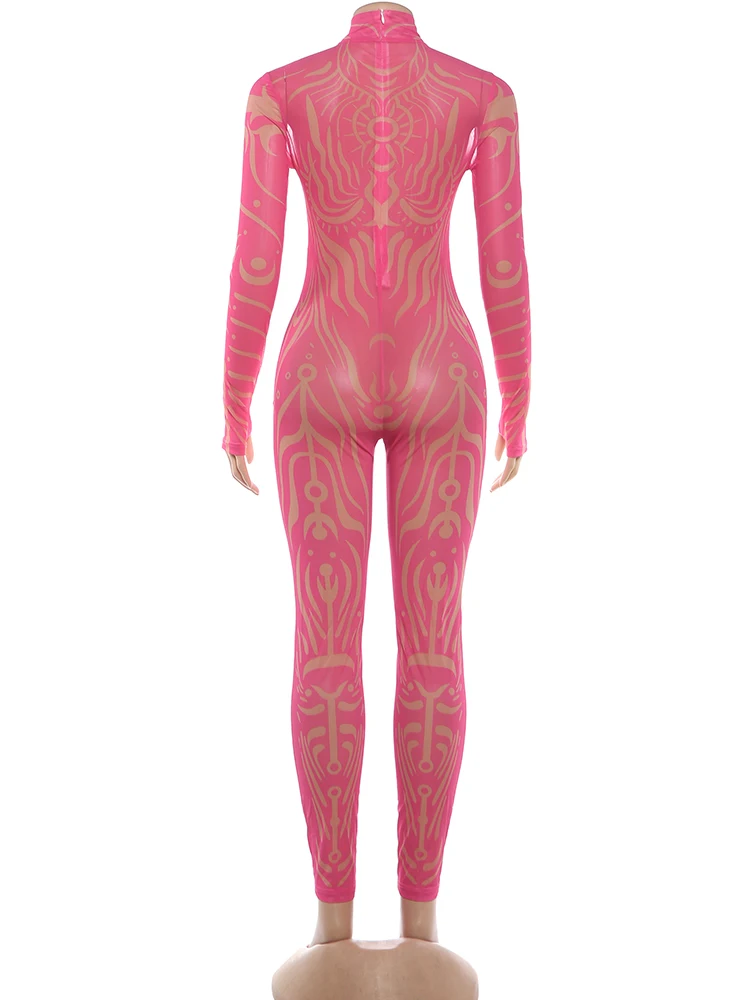 Weird Puss Sexy Striped Print Jumpsuits Women Wild Style Turtleneck Full Sleeve Midnight Party Club Stretch Streetwear Overalls