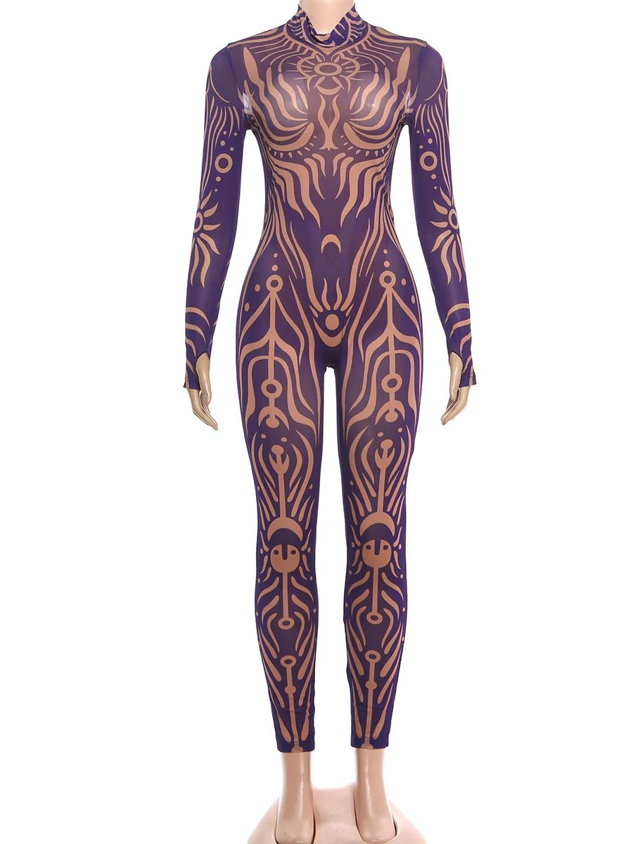 Weird Puss Sexy Striped Print Jumpsuits Women Wild Style Turtleneck Full Sleeve Midnight Party Club Stretch Streetwear Overalls