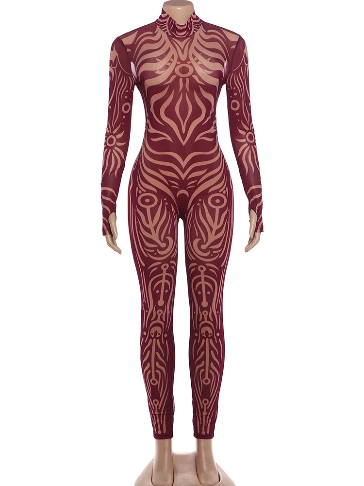 Weird Puss Sexy Striped Print Jumpsuits Women Wild Style Turtleneck Full Sleeve Midnight Party Club Stretch Streetwear Overalls