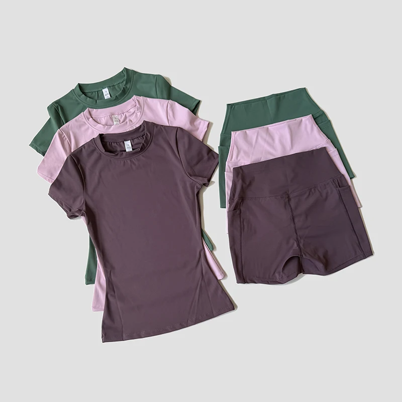 Women's Sports Yoga Set Seamless Knitted Fitness Gym Clothes Sportswear Short Sleeve Crop Top Tracksuits Gym Short Leggings