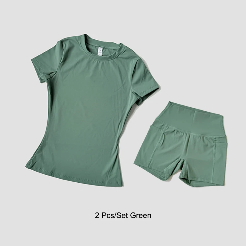 Women's Sports Yoga Set Seamless Knitted Fitness Gym Clothes Sportswear Short Sleeve Crop Top Tracksuits Gym Short Leggings