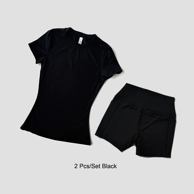 Women's Sports Yoga Set Seamless Knitted Fitness Gym Clothes Sportswear Short Sleeve Crop Top Tracksuits Gym Short Leggings