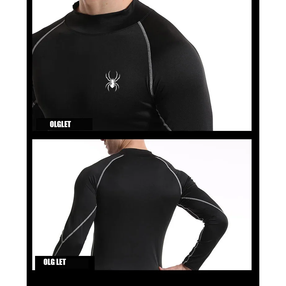 Mens Running T-shirts Compression Long Sleeve Sport Shirts Spider Printing Fitness Training Jogging Gym Quick Dry Tee