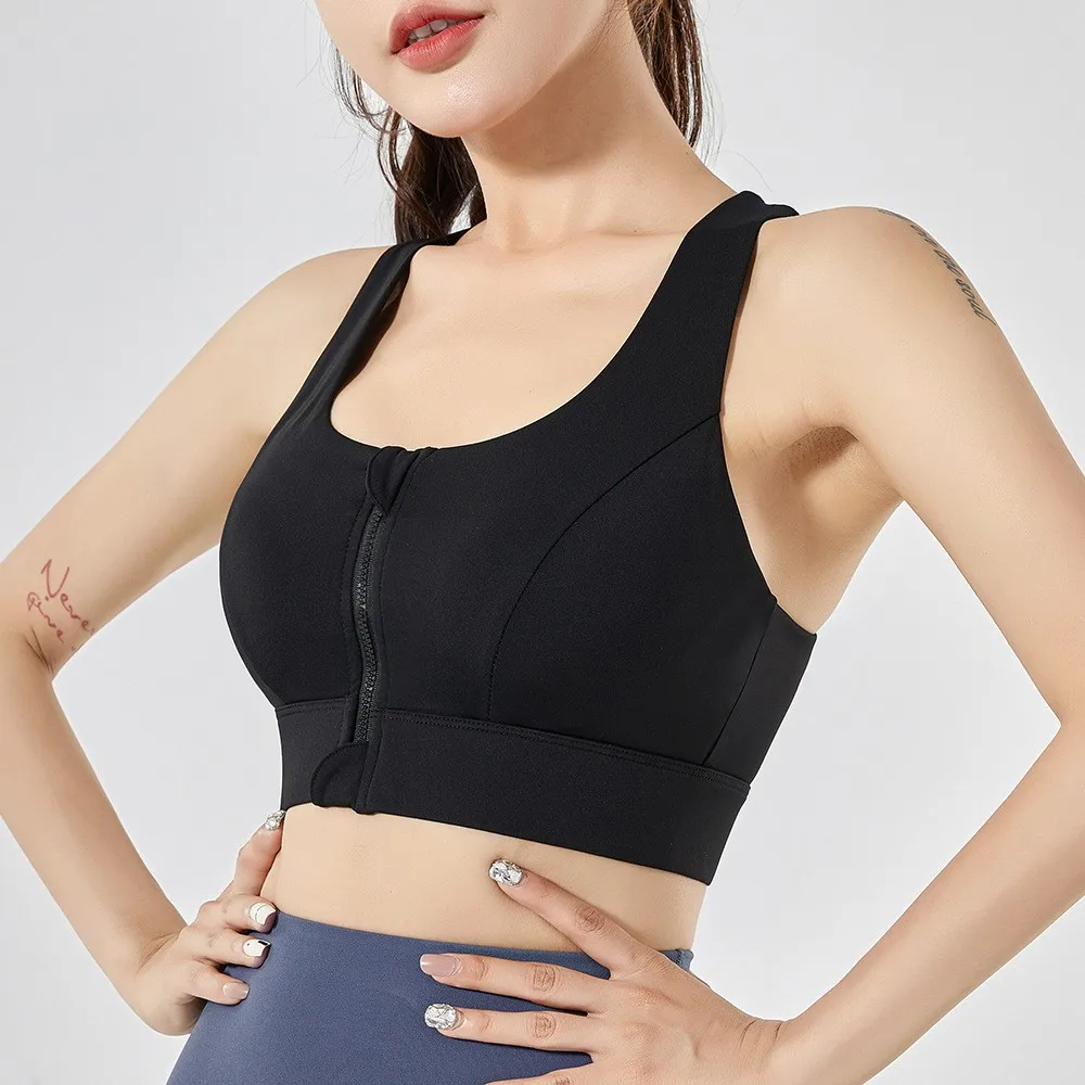 Women's High Shockproof Sports Bra with Front Zipper Quick Dry Yoga Top Running Vest Adjustable Fitness Gym Underwear