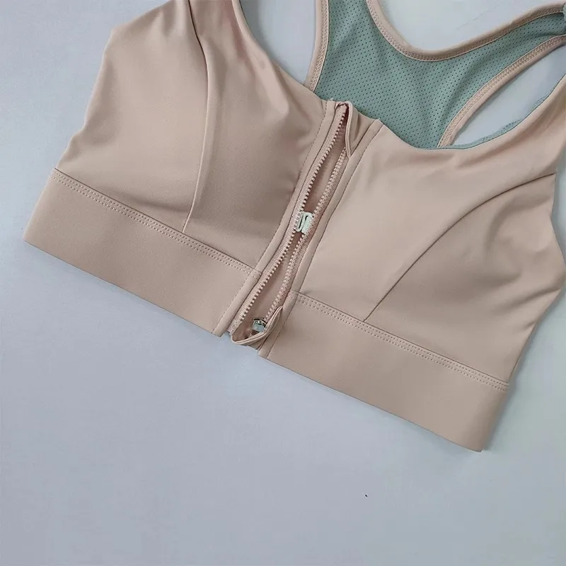 Women's High Shockproof Sports Bra with Front Zipper Quick Dry Yoga Top Running Vest Adjustable Fitness Gym Underwear