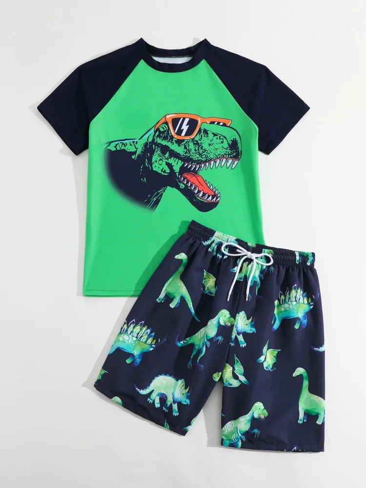 Boy Swimsuit 2026 New Dinosaur Print Short Sleeve Children Swimwear Summer Two Piece Kids Beach Wear Swimming Bathing Suit Boys