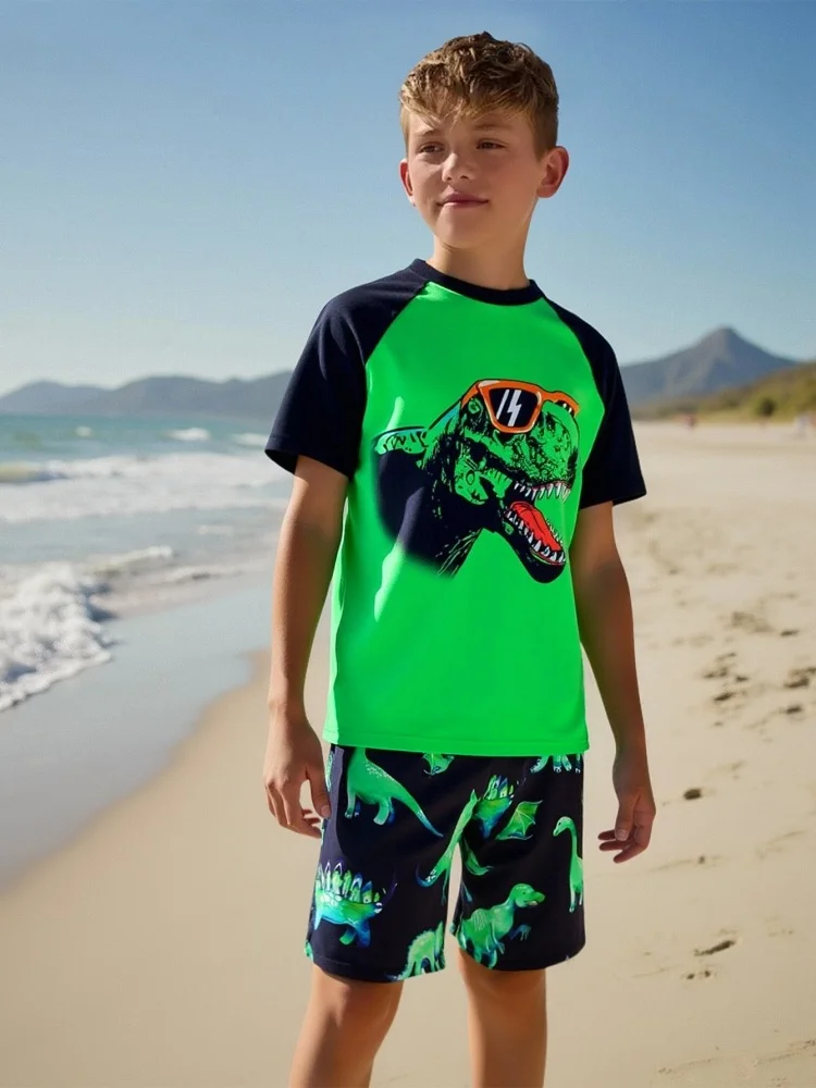 Boy Swimsuit 2026 New Dinosaur Print Short Sleeve Children Swimwear Summer Two Piece Kids Beach Wear Swimming Bathing Suit Boys