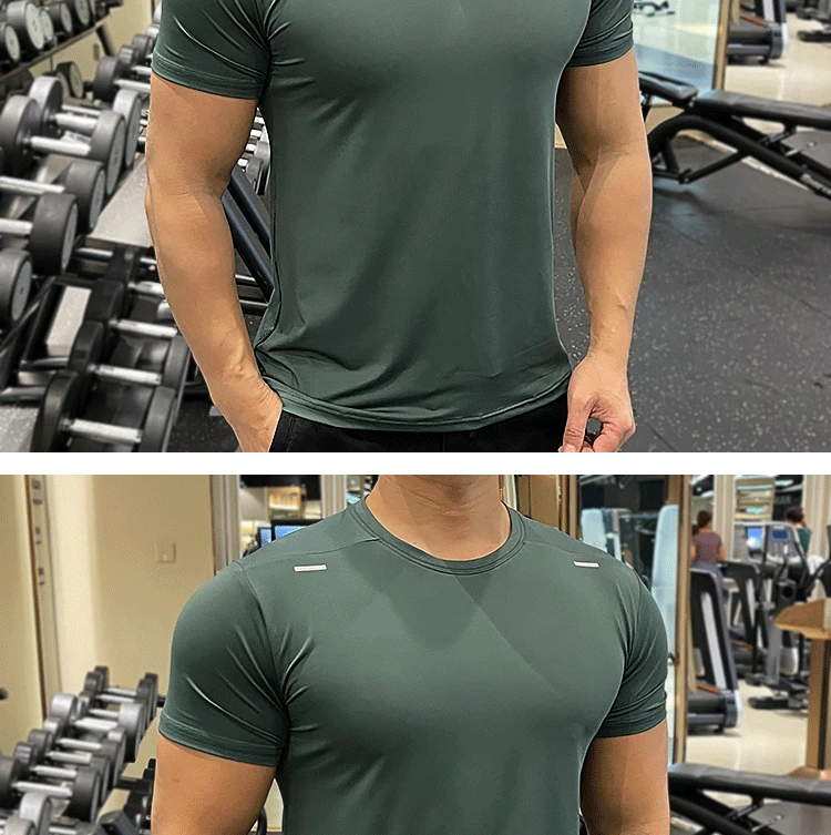 Summer Running Gym Men Shirt short Sleeve Tees elastic Tight fit Sports training Fitness Quick dry spandex Ice silk T Shirt