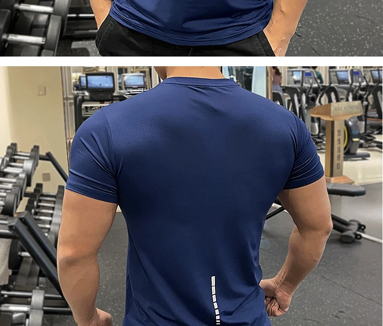 Summer Running Gym Men Shirt short Sleeve Tees elastic Tight fit Sports training Fitness Quick dry spandex Ice silk T Shirt