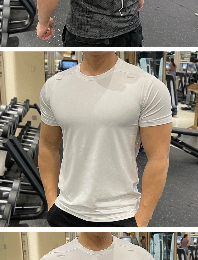 Summer Running Gym Men Shirt short Sleeve Tees elastic Tight fit Sports training Fitness Quick dry spandex Ice silk T Shirt