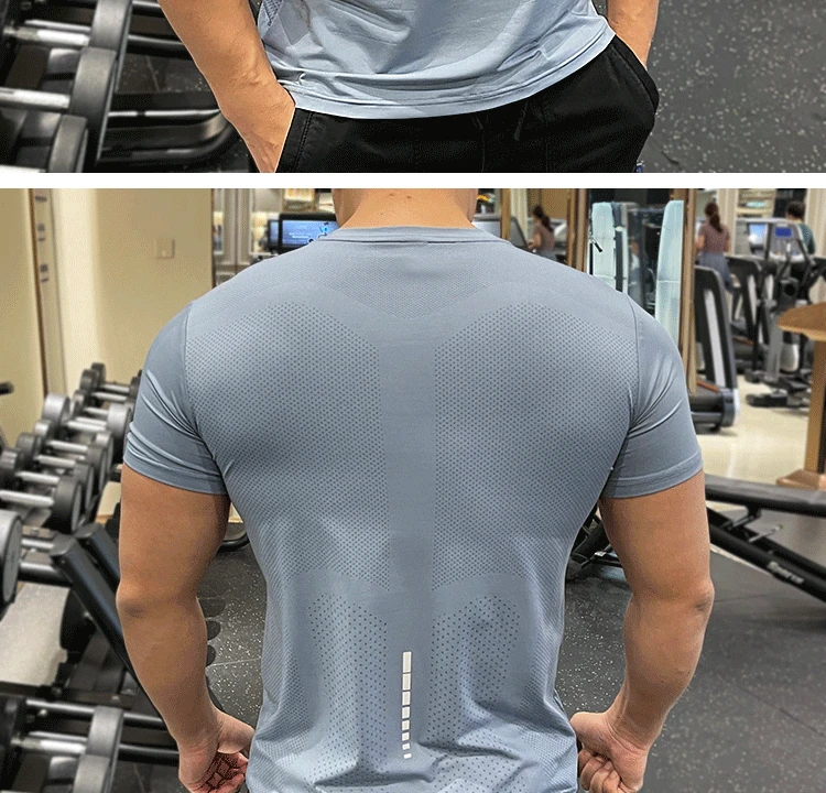 Summer Running Gym Men Shirt short Sleeve Tees elastic Tight fit Sports training Fitness Quick dry spandex Ice silk T Shirt