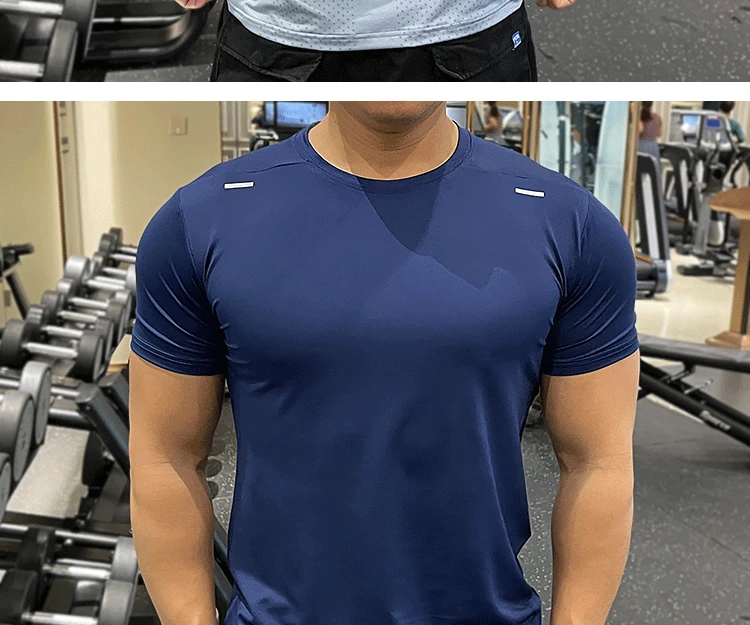 Summer Running Gym Men Shirt short Sleeve Tees elastic Tight fit Sports training Fitness Quick dry spandex Ice silk T Shirt