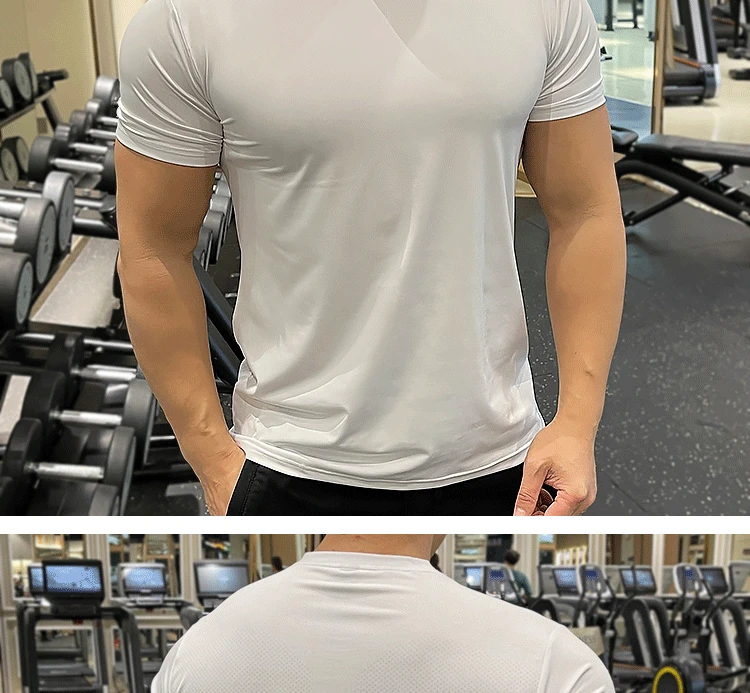 Summer Running Gym Men Shirt short Sleeve Tees elastic Tight fit Sports training Fitness Quick dry spandex Ice silk T Shirt