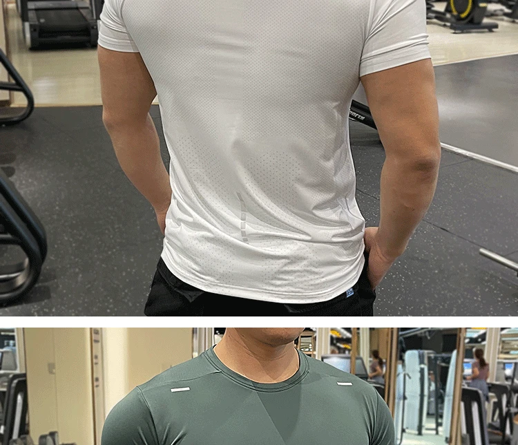 Summer Running Gym Men Shirt short Sleeve Tees elastic Tight fit Sports training Fitness Quick dry spandex Ice silk T Shirt
