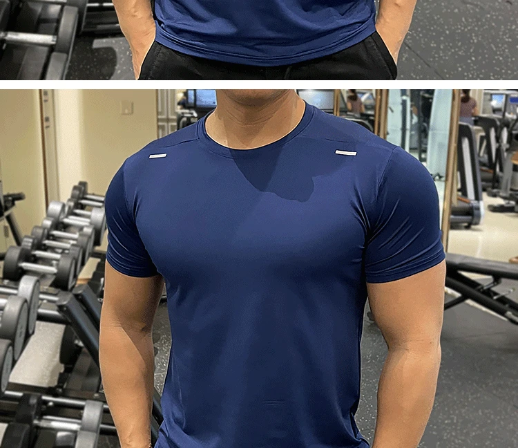 Summer Running Gym Men Shirt short Sleeve Tees elastic Tight fit Sports training Fitness Quick dry spandex Ice silk T Shirt