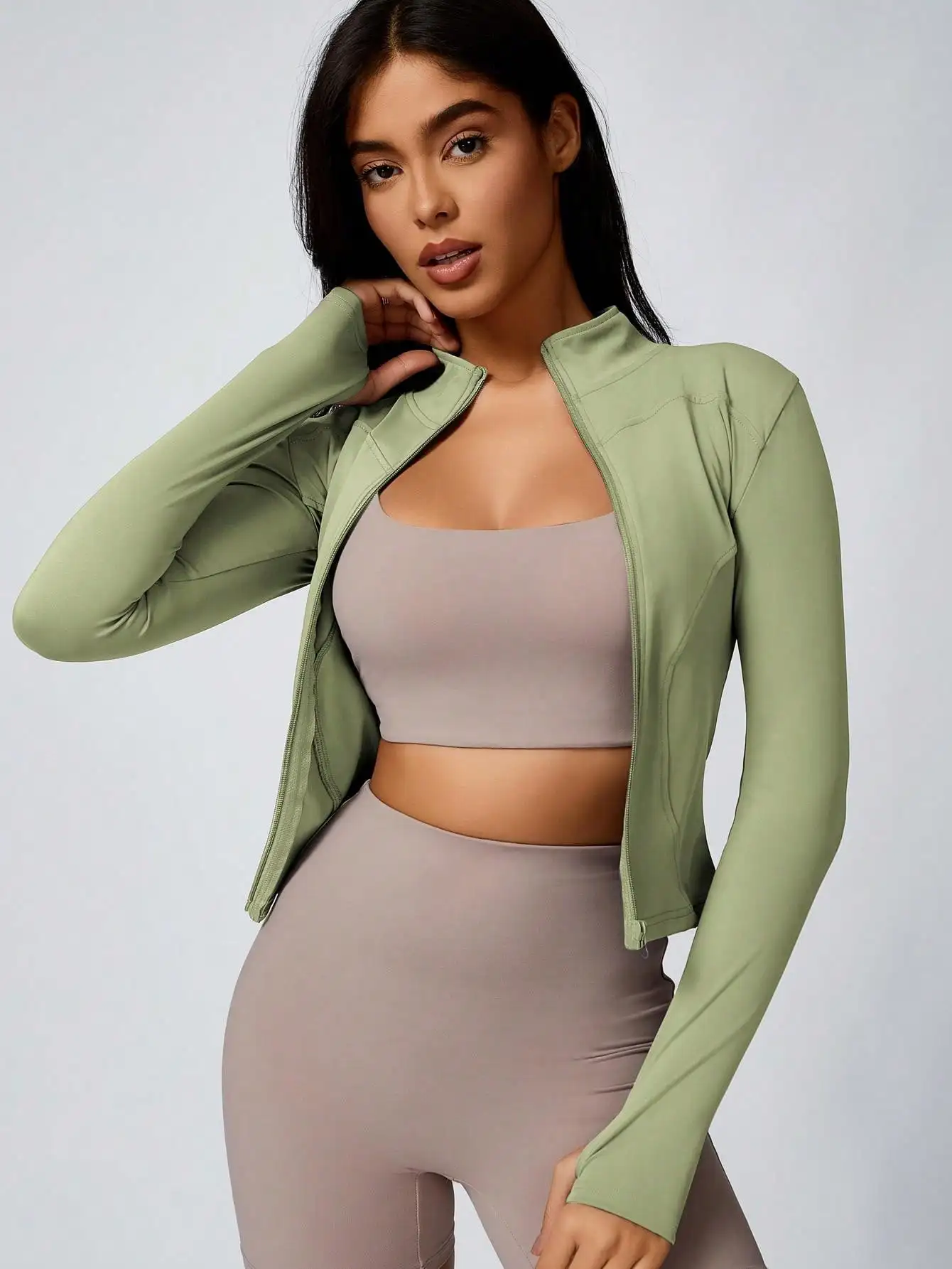 Women's Solid Color Zipper Turtleneck Sports Jacket, Long-Sleeved Sports Top, Gym Wear, Ladies' Sportswear for Indoor and Outdoo