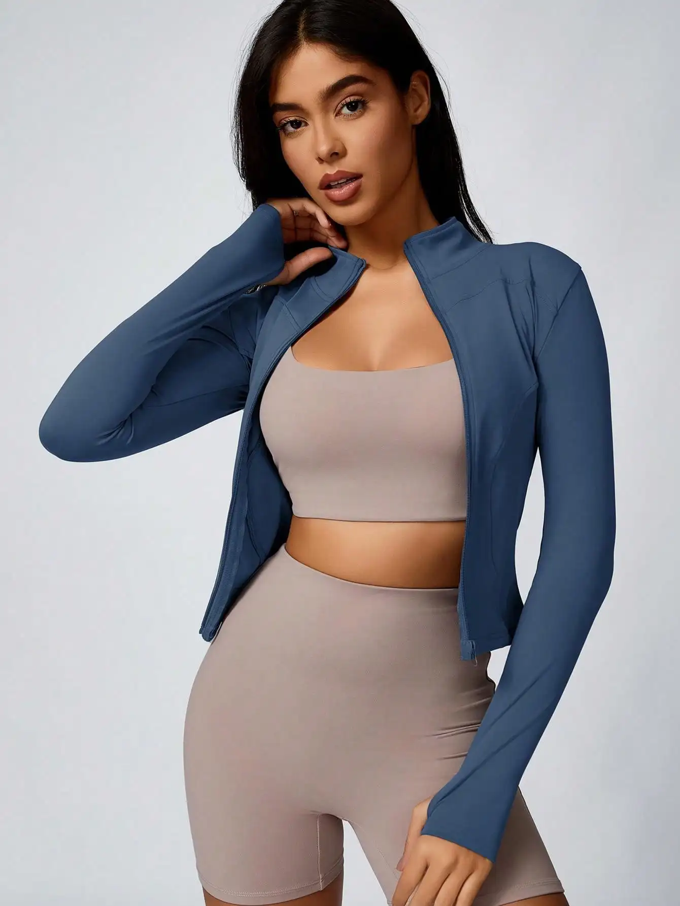 Women's Solid Color Zipper Turtleneck Sports Jacket, Long-Sleeved Sports Top, Gym Wear, Ladies' Sportswear for Indoor and Outdoo