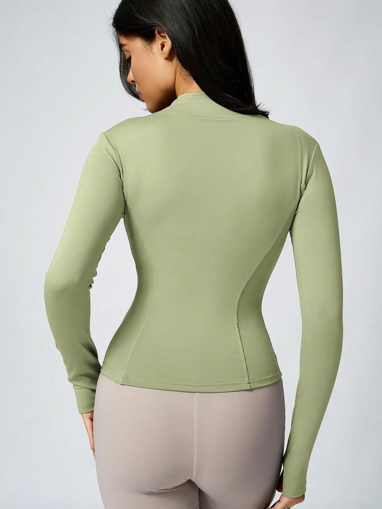 Women's Solid Color Zipper Turtleneck Sports Jacket, Long-Sleeved Sports Top, Gym Wear, Ladies' Sportswear for Indoor and Outdoo