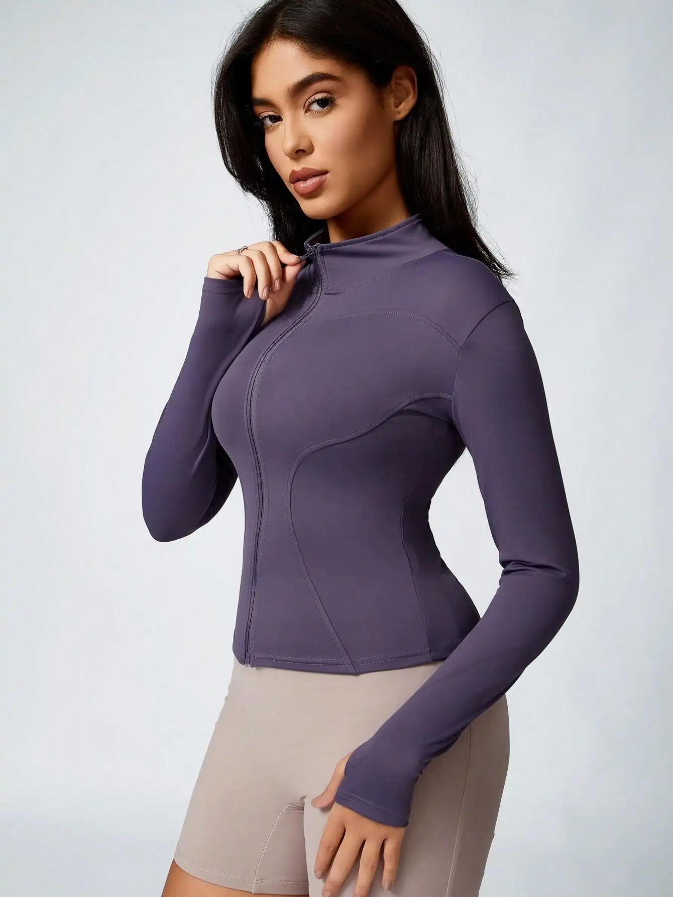 Women's Solid Color Zipper Turtleneck Sports Jacket, Long-Sleeved Sports Top, Gym Wear, Ladies' Sportswear for Indoor and Outdoo