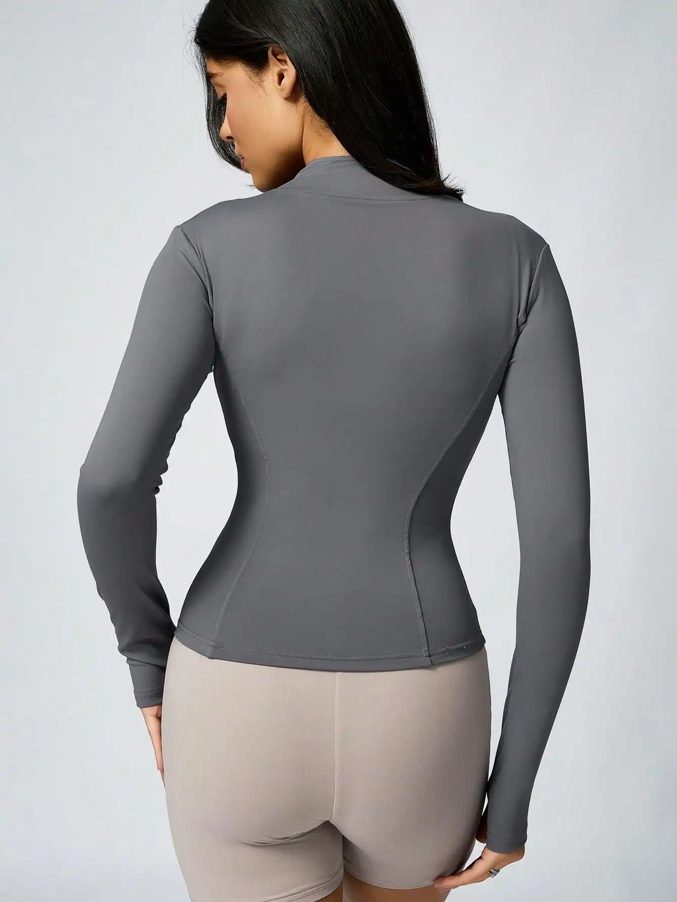 Women's Solid Color Zipper Turtleneck Sports Jacket, Long-Sleeved Sports Top, Gym Wear, Ladies' Sportswear for Indoor and Outdoo