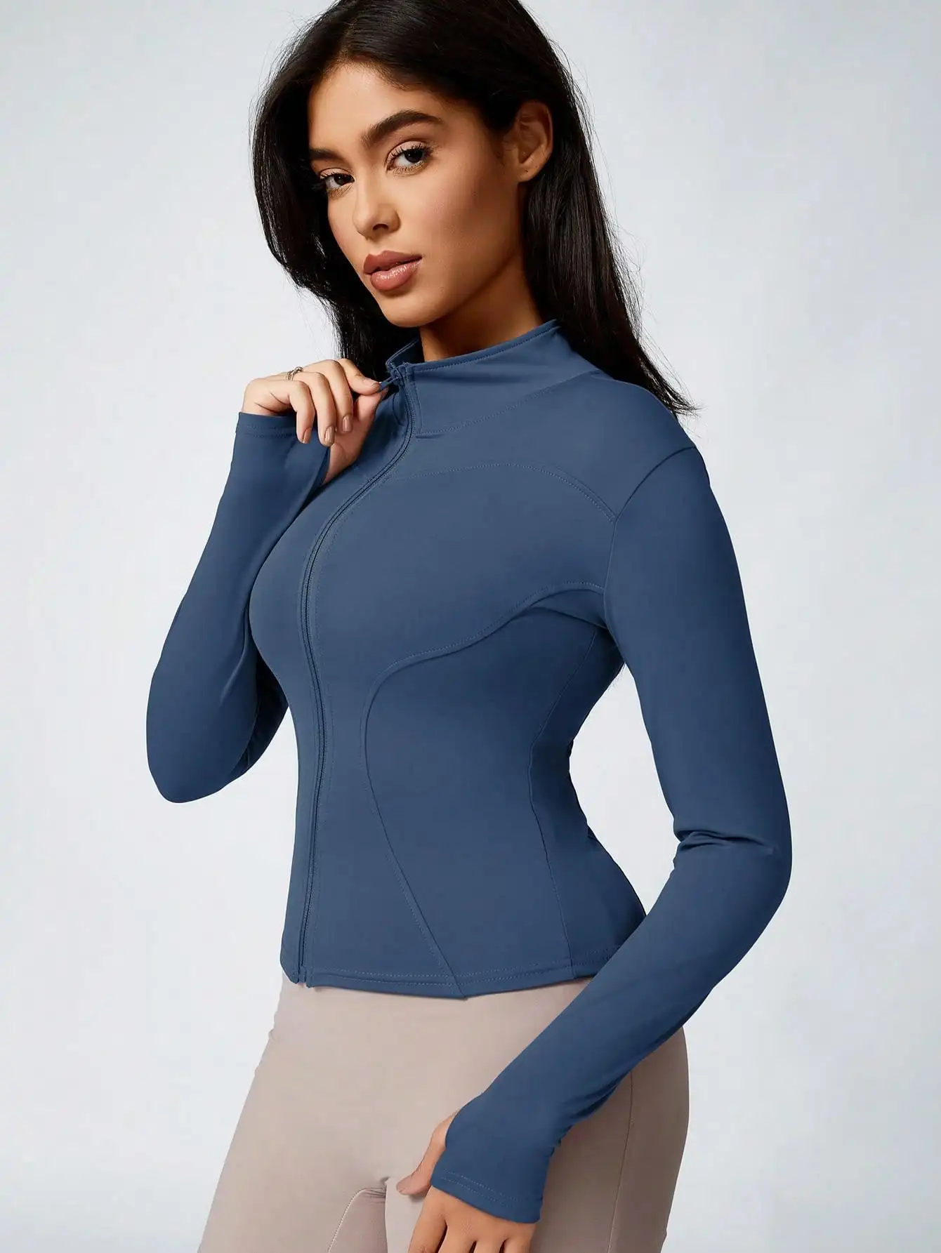Women's Solid Color Zipper Turtleneck Sports Jacket, Long-Sleeved Sports Top, Gym Wear, Ladies' Sportswear for Indoor and Outdoo