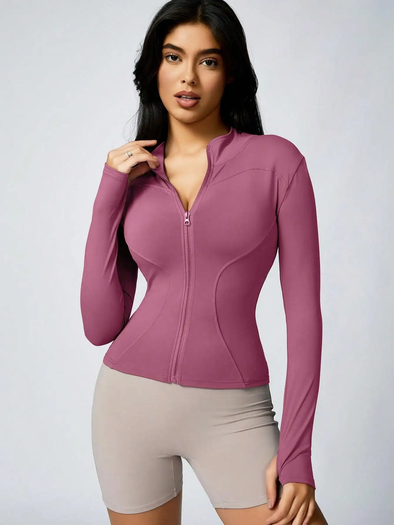 Women's Solid Color Zipper Turtleneck Sports Jacket, Long-Sleeved Sports Top, Gym Wear, Ladies' Sportswear for Indoor and Outdoo