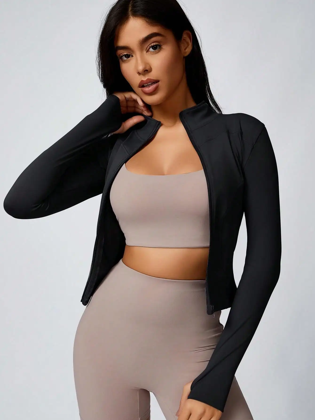 Women's Solid Color Zipper Turtleneck Sports Jacket, Long-Sleeved Sports Top, Gym Wear, Ladies' Sportswear for Indoor and Outdoo