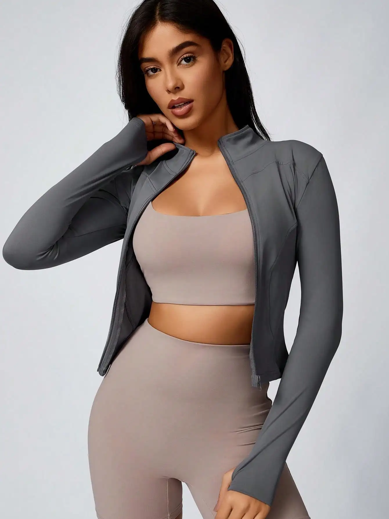 Women's Solid Color Zipper Turtleneck Sports Jacket, Long-Sleeved Sports Top, Gym Wear, Ladies' Sportswear for Indoor and Outdoo