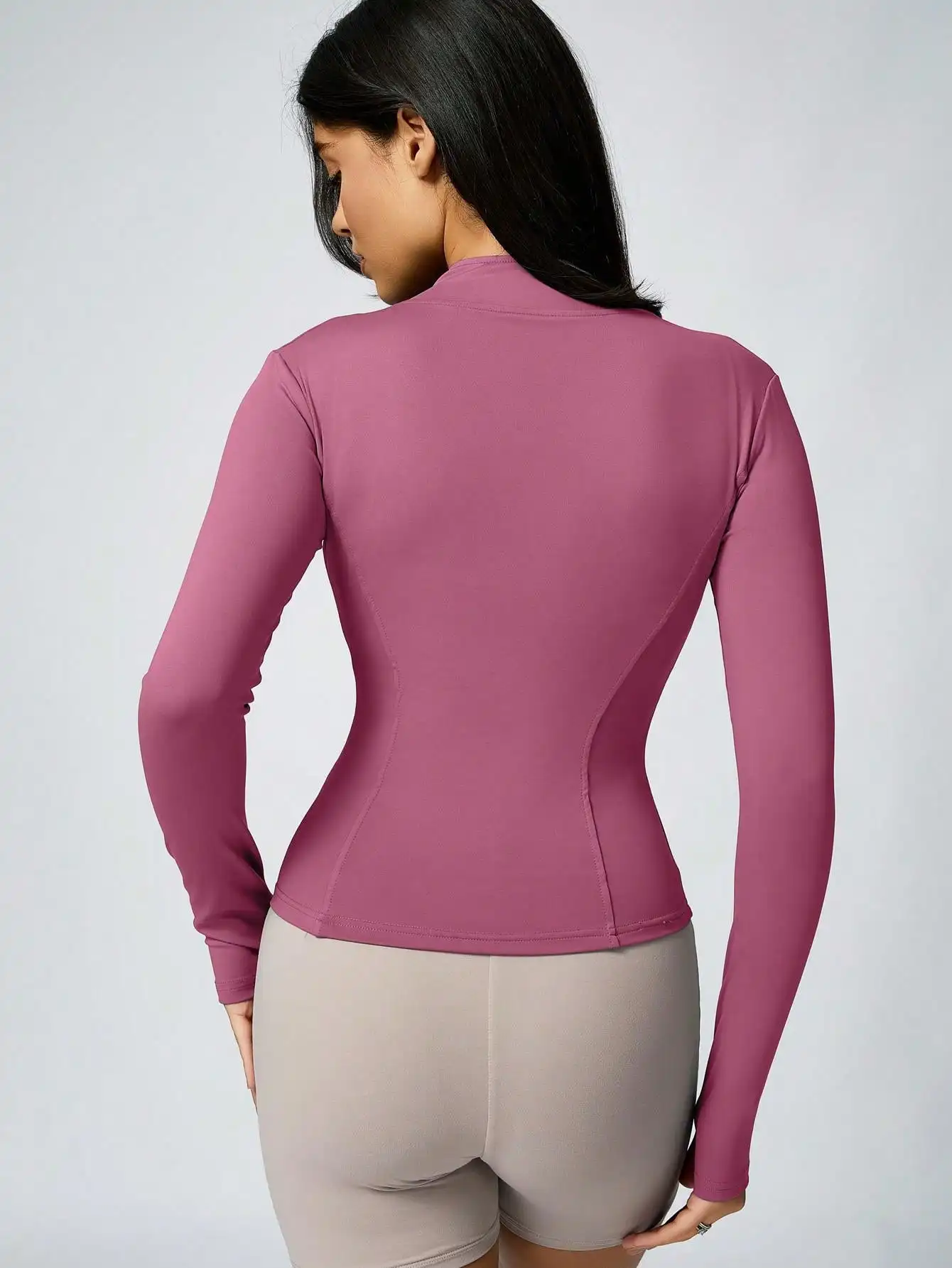 Women's Solid Color Zipper Turtleneck Sports Jacket, Long-Sleeved Sports Top, Gym Wear, Ladies' Sportswear for Indoor and Outdoo