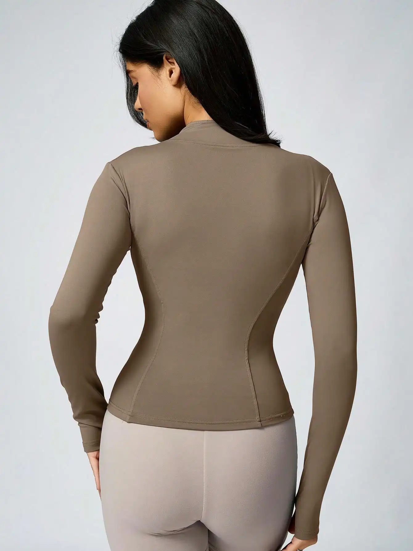 Women's Solid Color Zipper Turtleneck Sports Jacket, Long-Sleeved Sports Top, Gym Wear, Ladies' Sportswear for Indoor and Outdoo