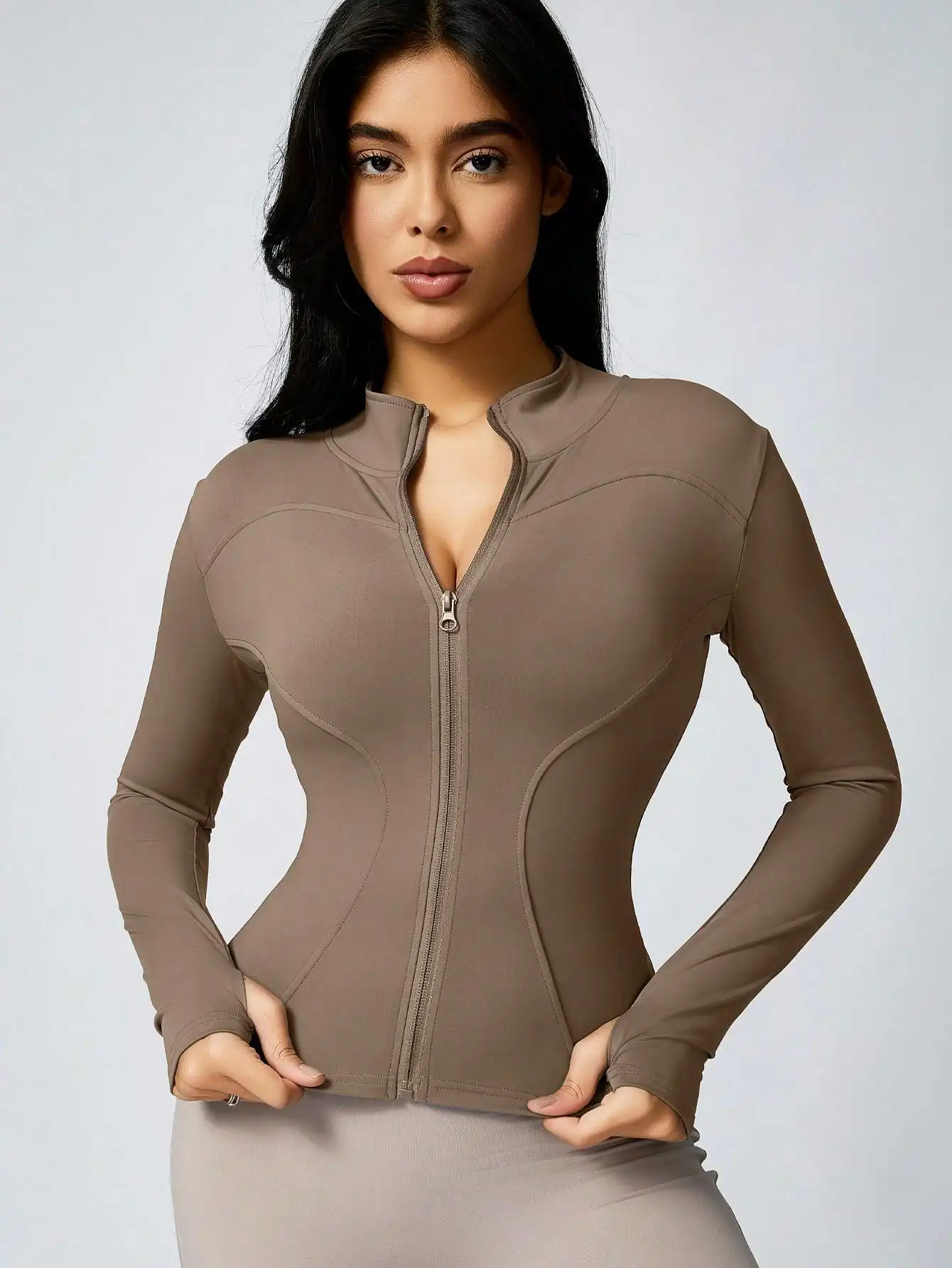 Women's Solid Color Zipper Turtleneck Sports Jacket, Long-Sleeved Sports Top, Gym Wear, Ladies' Sportswear for Indoor and Outdoo