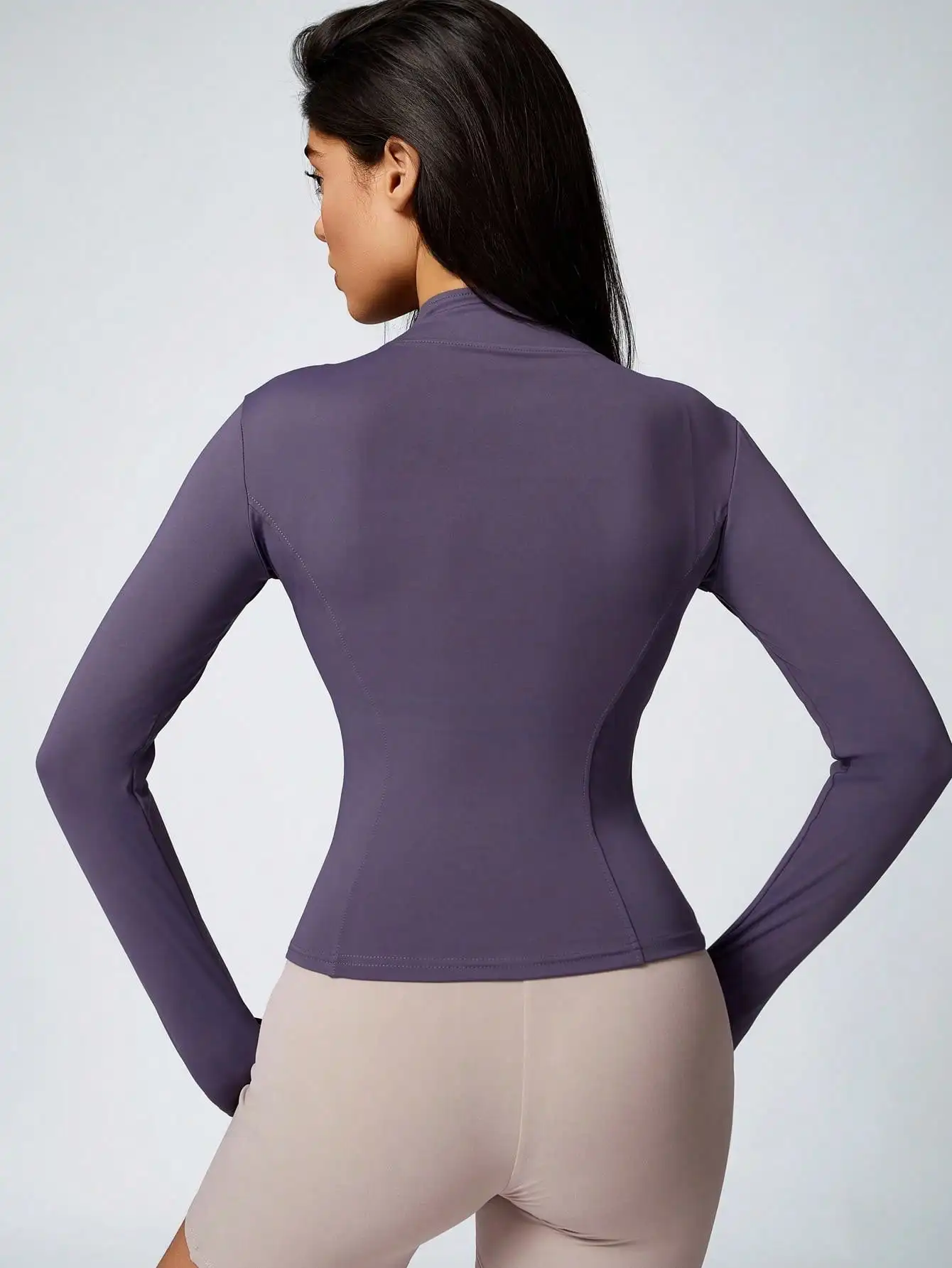 Women's Solid Color Zipper Turtleneck Sports Jacket, Long-Sleeved Sports Top, Gym Wear, Ladies' Sportswear for Indoor and Outdoo