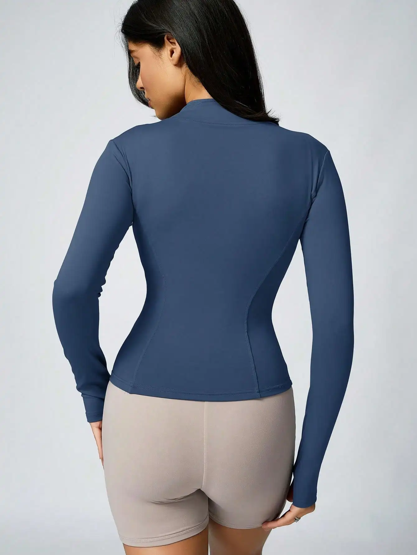 Women's Solid Color Zipper Turtleneck Sports Jacket, Long-Sleeved Sports Top, Gym Wear, Ladies' Sportswear for Indoor and Outdoo