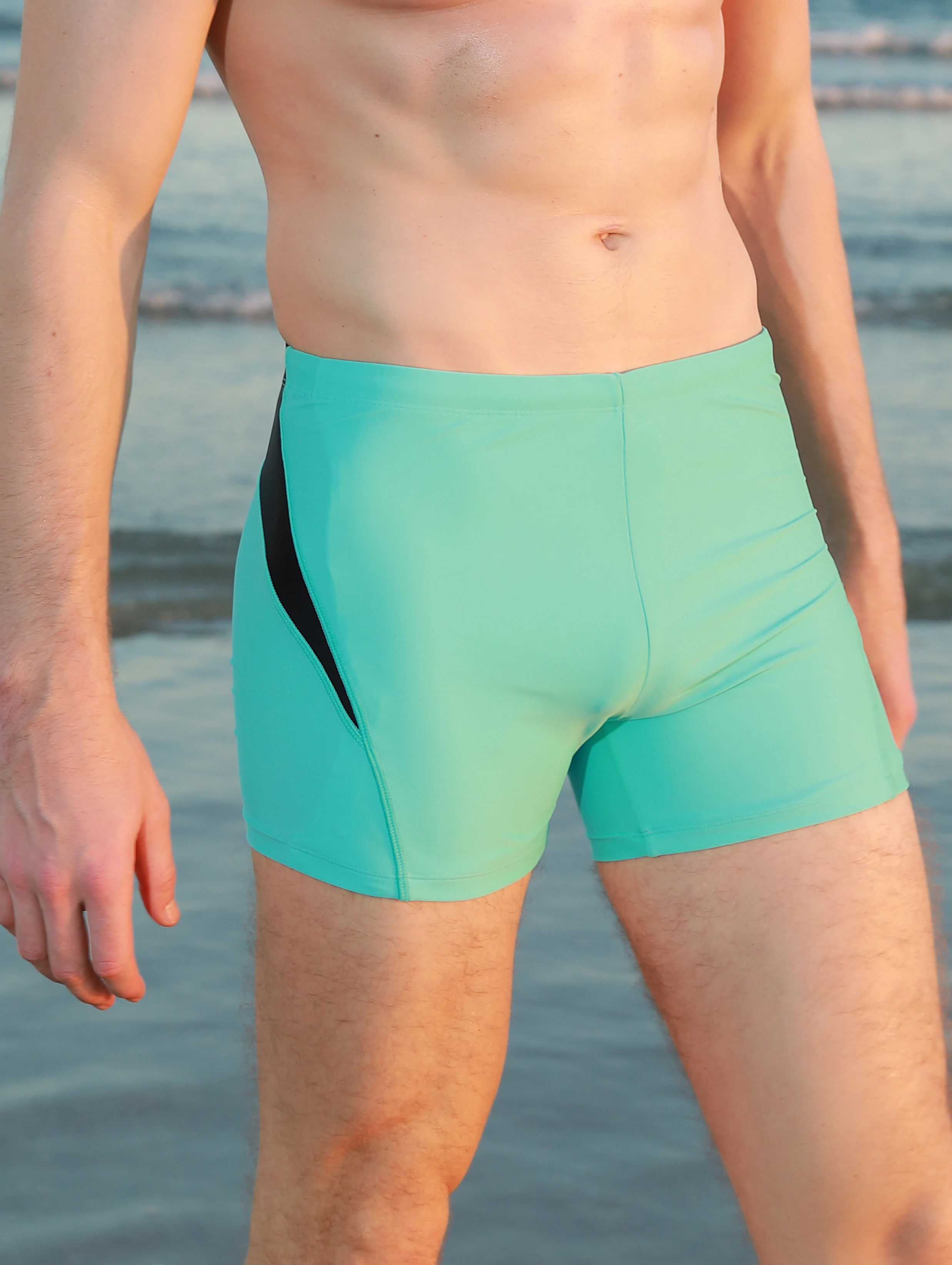 Men's sports tight fitting swimsuit, plain angle solid color patchwork, contrasting classic style - elastic swimsuit