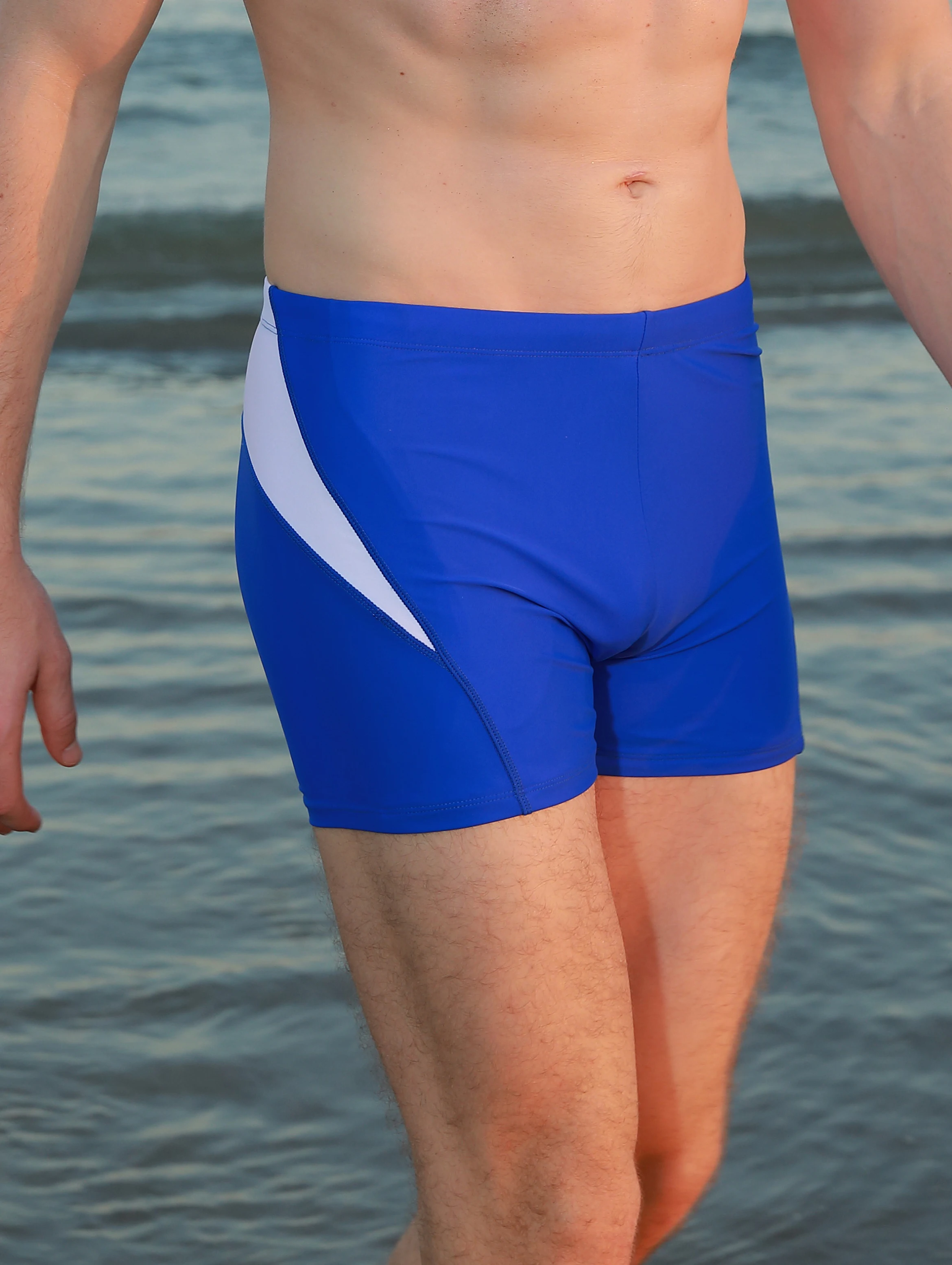 Men's sports tight fitting swimsuit, plain angle solid color patchwork, contrasting classic style - elastic swimsuit