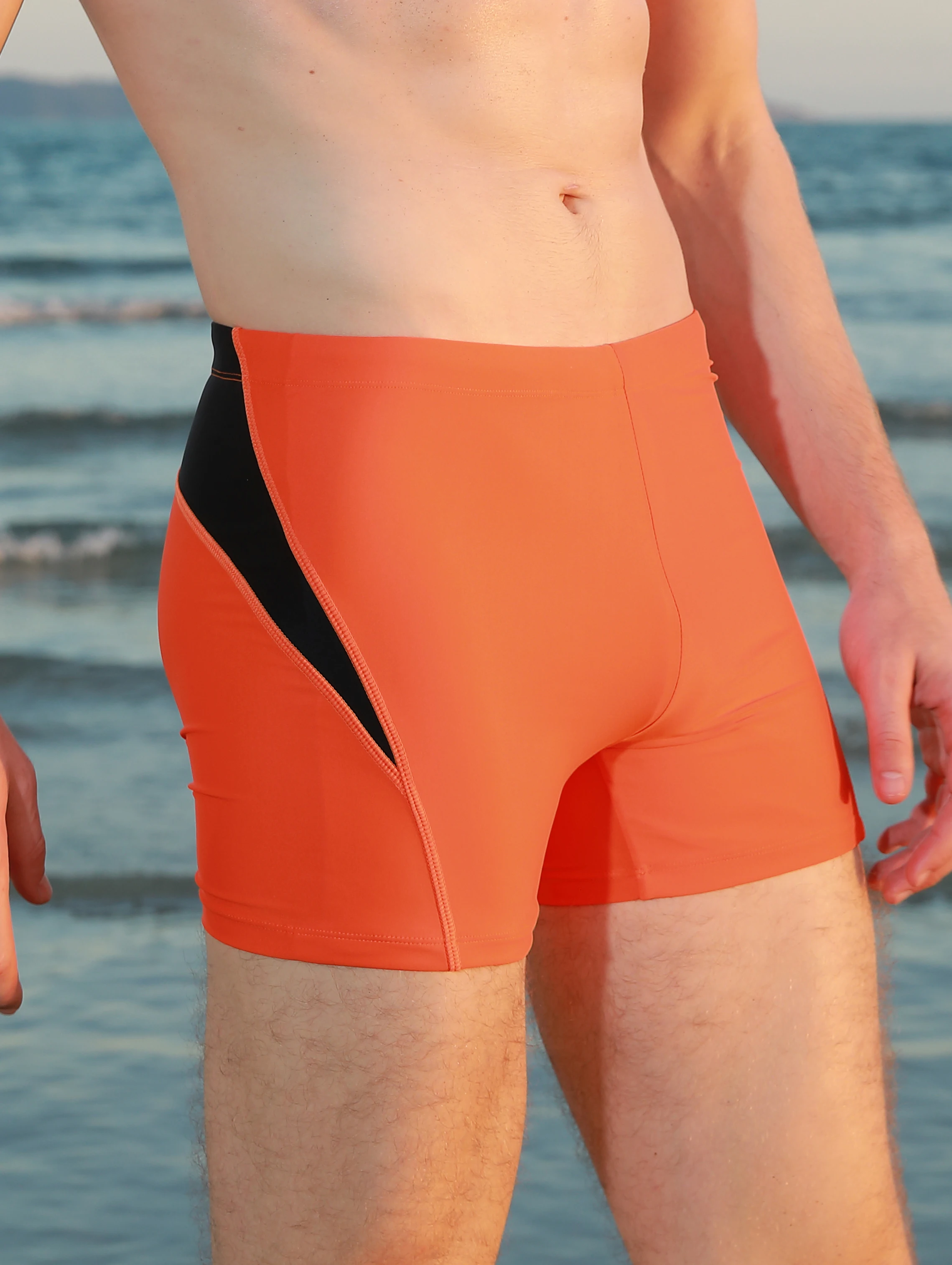 Men's sports tight fitting swimsuit, plain angle solid color patchwork, contrasting classic style - elastic swimsuit