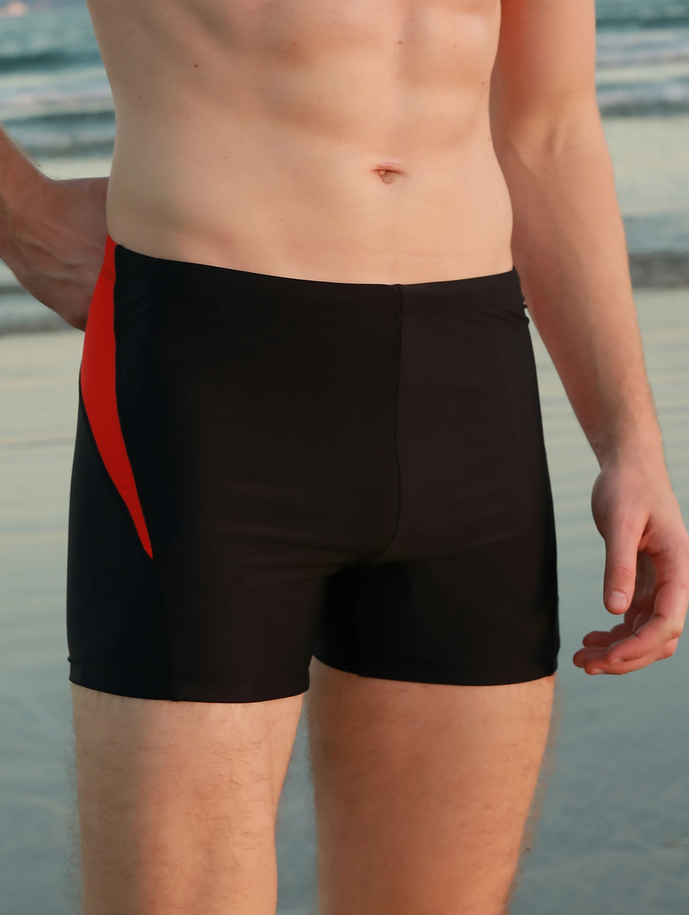 Men's sports tight fitting swimsuit, plain angle solid color patchwork, contrasting classic style - elastic swimsuit