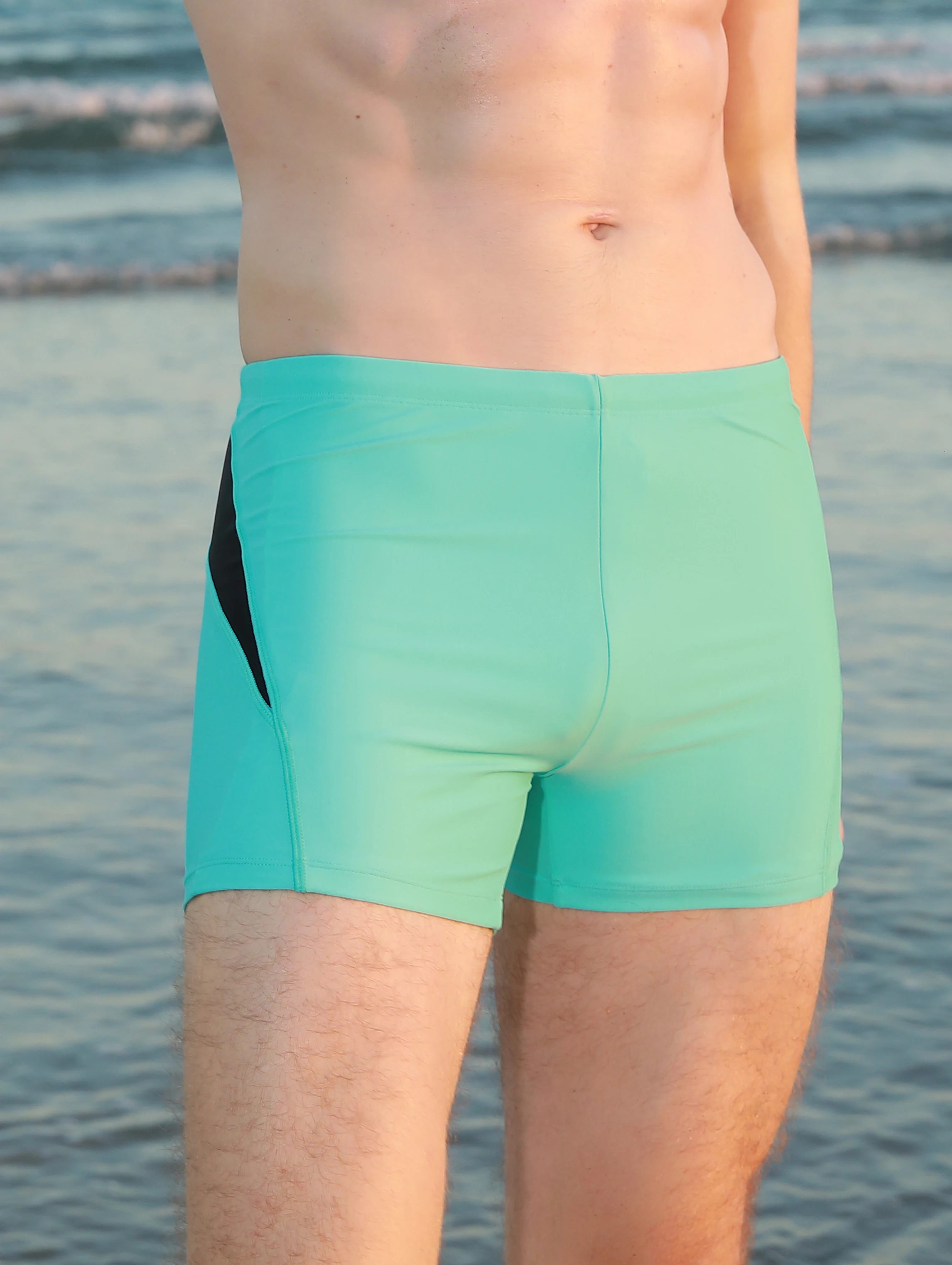 Men's sports tight fitting swimsuit, plain angle solid color patchwork, contrasting classic style - elastic swimsuit