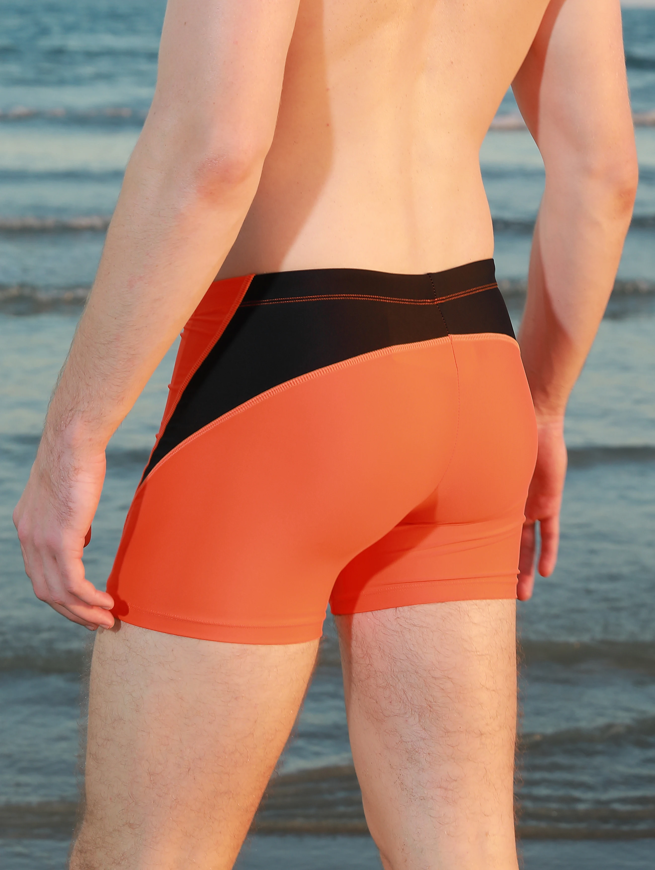 Men's sports tight fitting swimsuit, plain angle solid color patchwork, contrasting classic style - elastic swimsuit