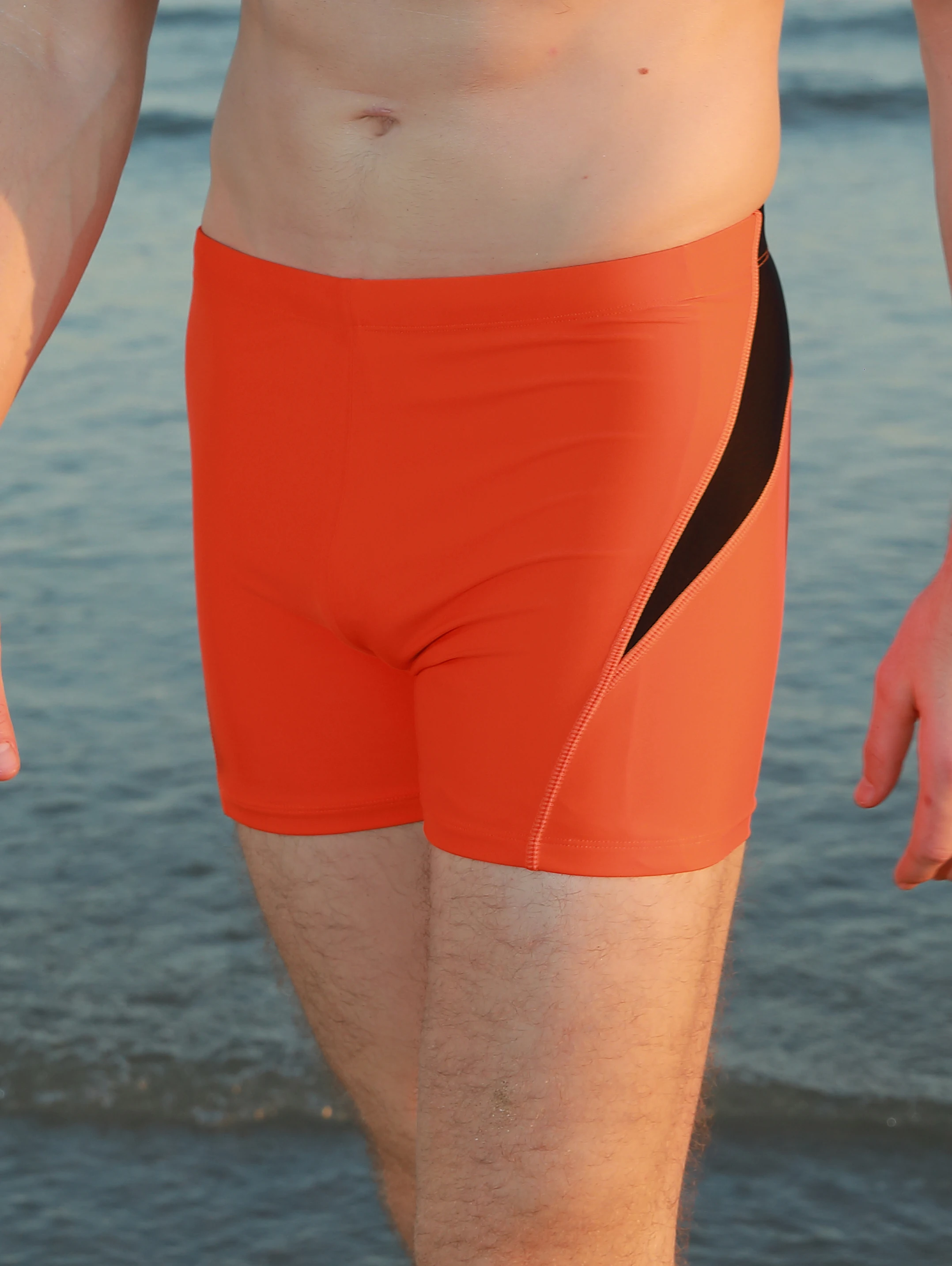 Men's sports tight fitting swimsuit, plain angle solid color patchwork, contrasting classic style - elastic swimsuit