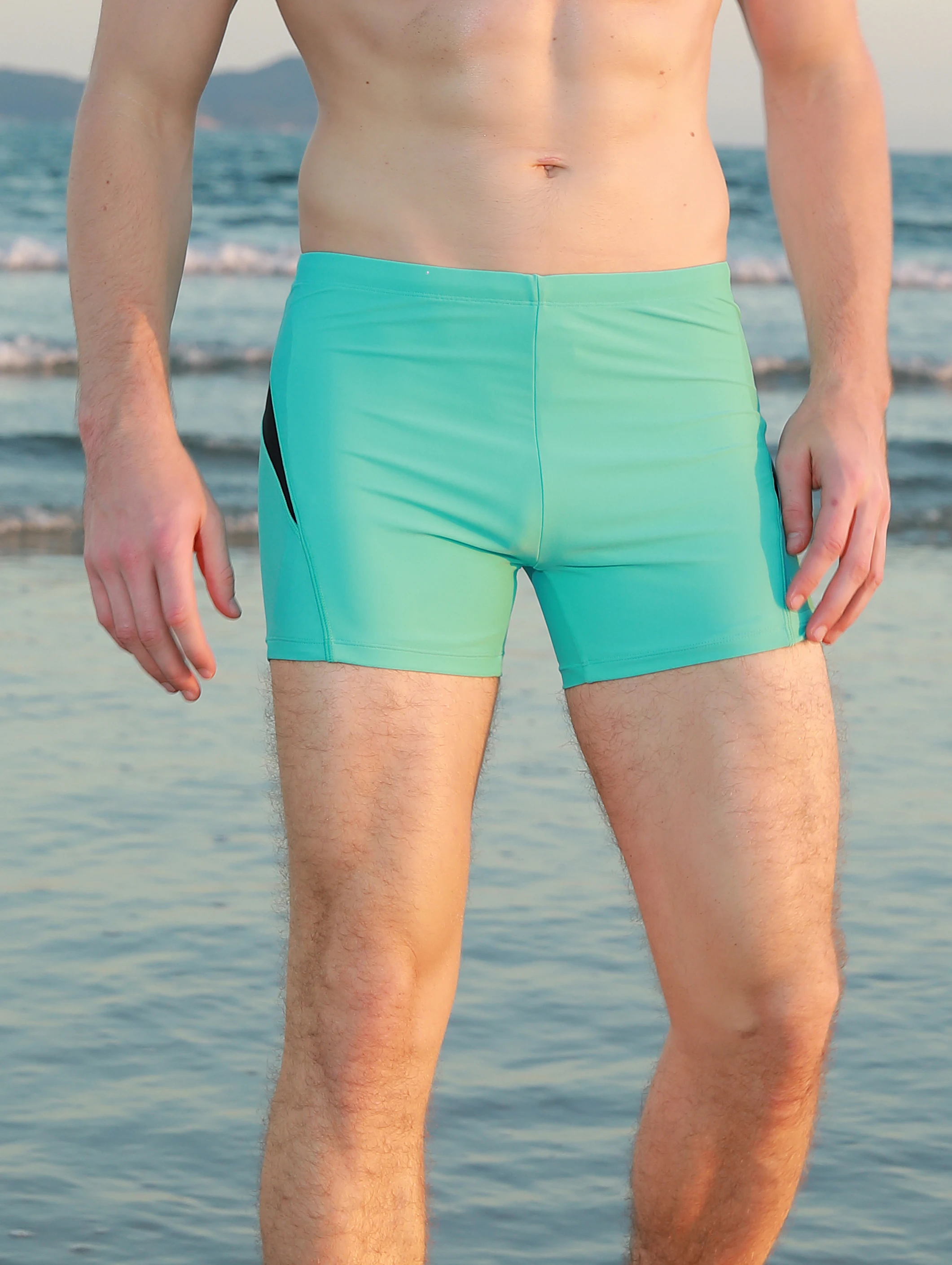 Men's sports tight fitting swimsuit, plain angle solid color patchwork, contrasting classic style - elastic swimsuit