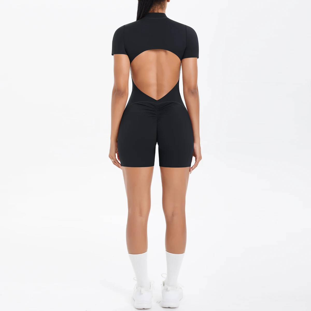 Hollow Out Backless Short Sleeved Zipper Jumpsuit for Woman Jumpsuit Yoga Suit One-Piece Legging Short Push Up Gym Yoga Clothing