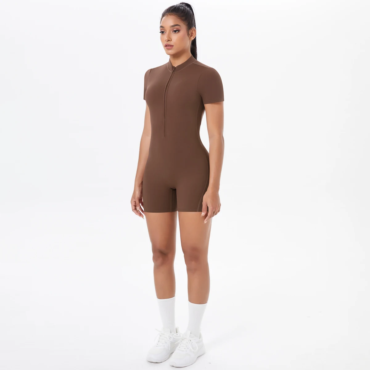 Hollow Out Backless Short Sleeved Zipper Jumpsuit for Woman Jumpsuit Yoga Suit One-Piece Legging Short Push Up Gym Yoga Clothing