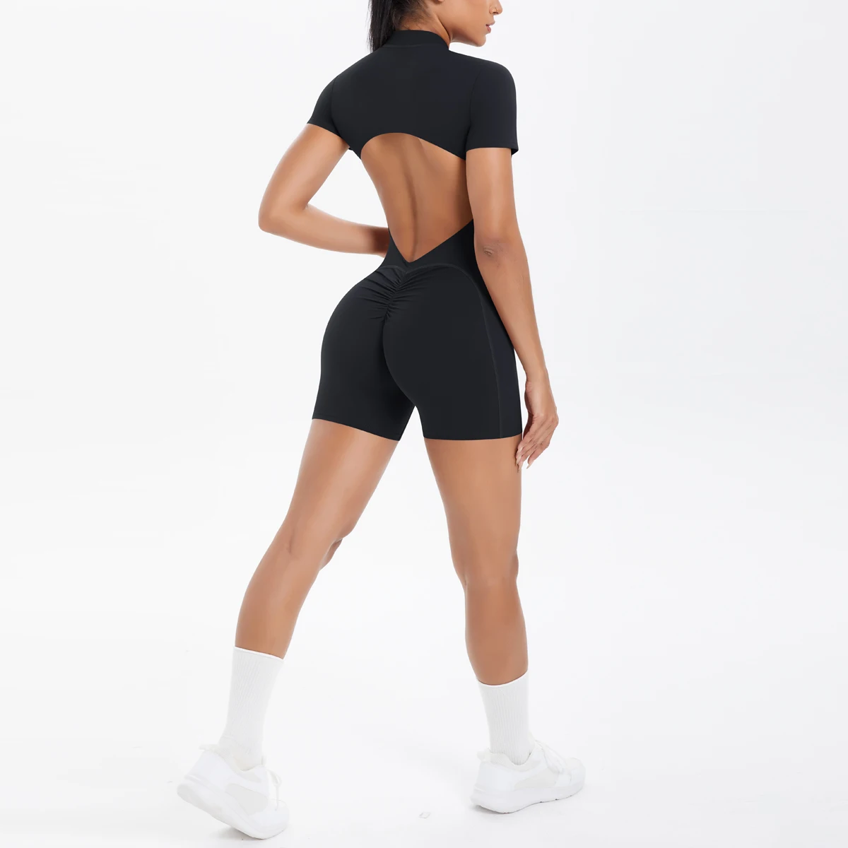 Hollow Out Backless Short Sleeved Zipper Jumpsuit for Woman Jumpsuit Yoga Suit One-Piece Legging Short Push Up Gym Yoga Clothing
